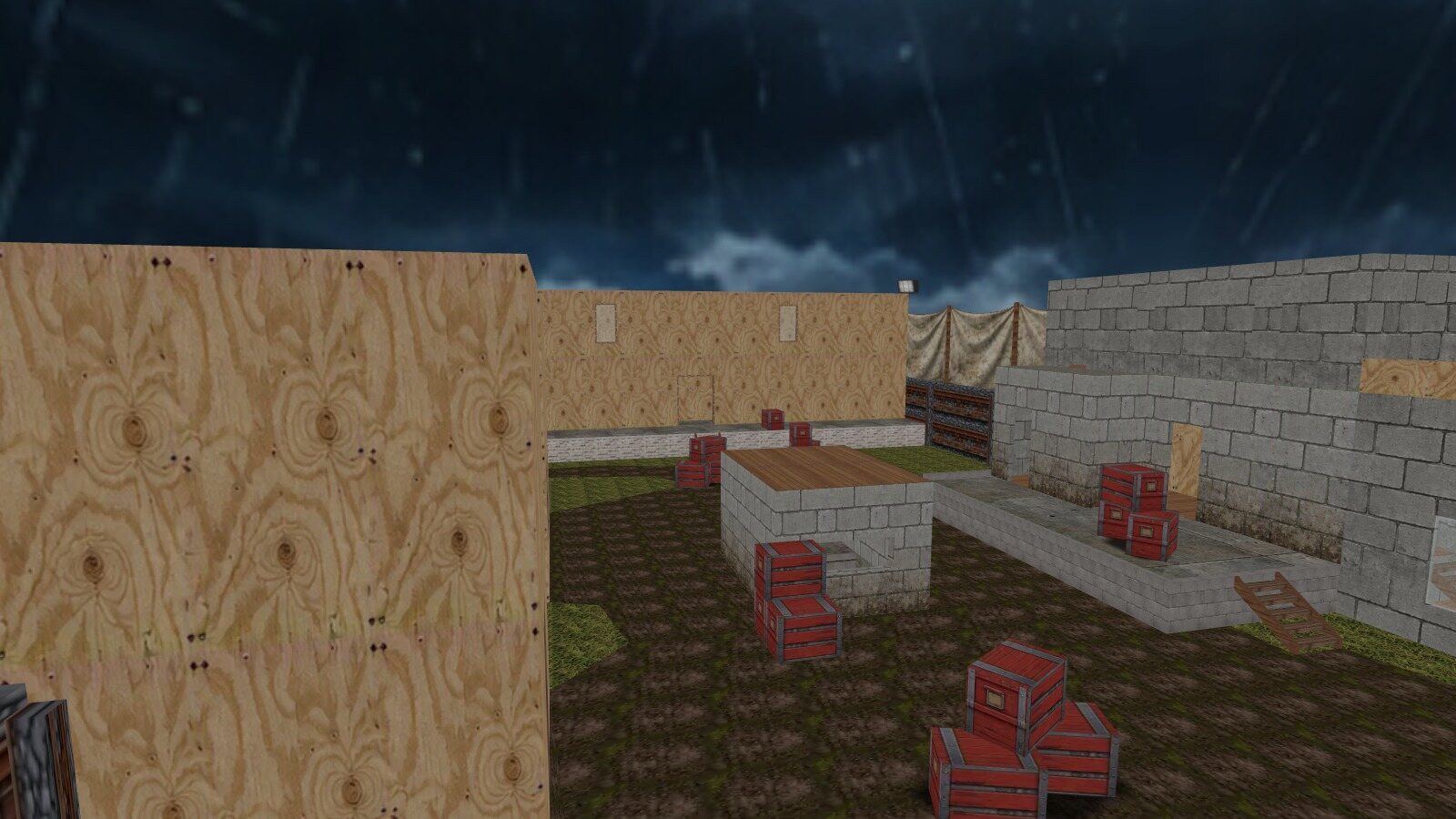 Plywood buildings, crates and cover under a rainy night sky in City Street